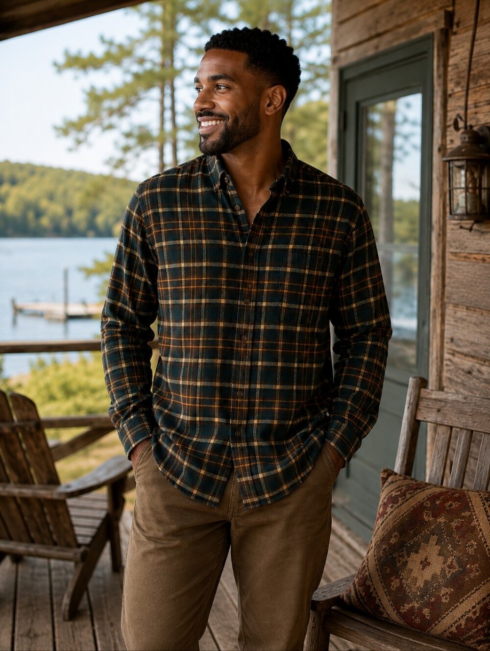 Woolrich Men's Medium Green Brown Plaid Flannel Outdoor Shirt